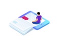 Isometric concept of e-book, bookmark in device.