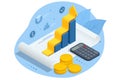 Isometric Concept of Economic Growth and Analytics. Profit Money or Budget. Employee Making Investing Plans, Calculating