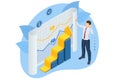 Isometric Concept of Economic Growth and Analytics. Profit Money or Budget. Employee Making Investing Plans, Calculating