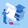 Isometric concept of education, graduation, technology and e-learning. Graduation, Mortar Board, Diploma.