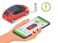 Isometric concept of electric vehicle charge, mobile application for charge management. Car fuel manager smartphone