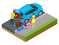 Isometric concept of family car, traveling people with baggage, a mobile taxi call application. Active recreation and