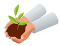 Isometric concept of growth, new life, environment protection and organic planting. Hand holding sprout. Startup, profit Royalty Free Stock Photo