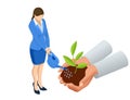 Isometric concept of growth, new life, environment protection and organic planting. Hand holding sprout. Startup, profit Royalty Free Stock Photo