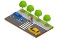 Isometric concept of helping the elderly in the city. A man helps an old woman cross the road at a pedestrian crossing