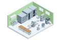 Isometric concept of Industrial bread production. Automatic bakery production line. Fresh hot baked bread.