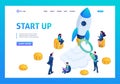 Isometric concept of investing in startups, rocket launch, young entrepreneurs. Landing page concepts and web design