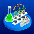 Isometric concept of laboratory exploring new methods of plant breeding and agricultural genetics. Plants growing in the Royalty Free Stock Photo