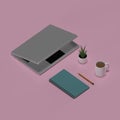 Isometric concept of laptop, spiral notebook, pencil, coffee and decorative plant. Ideal for blogging or home office. 3D rendered Royalty Free Stock Photo