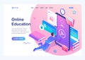 Isometric concept Man studying online, a large library of knowledge. Mobile Application for training. Landing page template for