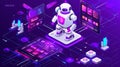 An isometric concept modern depicting robotic process automation or RPA. Artificial intelligence robots analyze data and