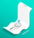 Isometric concept. Paper contract with magnifying glass, document with additional agreement in small print. Careful study of