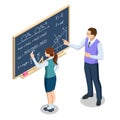 Isometric concept of physics lesson. Physics school subject. Schoolgirl is standing near blackboard and answer about