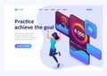 Isometric concept Practice reach your goal with the mobile app, great features in any sport. Landing page template for the site Royalty Free Stock Photo