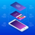 Isometric concept of scanning fingerprint on smartphone, on blue background. Unlock mobile phone. Illustration of Royalty Free Stock Photo