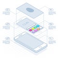 Isometric concept of scanning fingerprint on smartphone, on outline. Unlock mobile phone. Illustration of identification