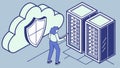 Isometric concept of secure cloud infrastructure with shield and server racks, vector design Generative AI Royalty Free Stock Photo
