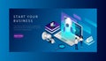 Isometric Concept Of Startup, Launch Business. Website Landing Page. People Are Analysing And Developing New Project Royalty Free Stock Photo