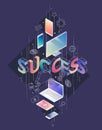 Isometric concept with thin line letters, typography word success