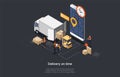 Isometric Concept Of On Time Delivery, Logistics Delivery Service And Staff. Workers Are Loading And Unloading Goods Royalty Free Stock Photo