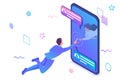 Isometric concept Unlimited possibilities of social networks, a young girl communicates with a young man via the