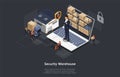 Isometric Concept Of Warehouse Security, Safe Logistics Delivery Service And Staff. Workers Are Sorting, Scanning Goods Royalty Free Stock Photo