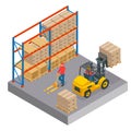 Isometric concept of a warehouse with staff, storage building, shelves with goods, unloading cargo isolated on a white