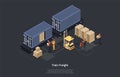 Isometric Concept Of Warehouse And Train Freight. Freight Wagons on Rails And Work Personnel. Manager With Tablet Is
