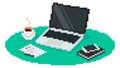 Isometric concept of workplace with laptop, phone coffee and office equipment. Computer with blank empty screen. Pixel Royalty Free Stock Photo