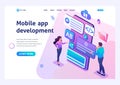 Isometric concept Young girl and boy develop mobile application for smartphone. Template landing page for website