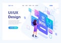 Isometric concept a young woman creates a custom design for a mobile application, Ui UX design. Landing page template for the site