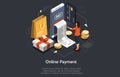 Isometric concepts mobile payments, personal data protection. Vector illustration.