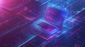 Isometric conceptual illustration of a laptop screen with code hanging over icons f