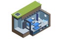 Isometric concrete bomb shelter, Bunker, bombproof shelter, air-raid shelter. Underground bomb shelter with beds, a Royalty Free Stock Photo