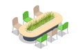 Isometric Conference table covered with grass. Table with greenery decoration in the center