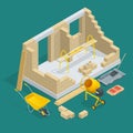 Isometric construction of a brick house. House building process vector illustration. Constructing home with tools and Royalty Free Stock Photo