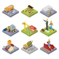 Isometric Construction Industry. Industrial Crane, Workers, Mixer and Buildings