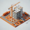Isometric construction site with crane, workers, and building materials Royalty Free Stock Photo