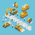 Isometric construction site vehicle destroy and change the word Royalty Free Stock Photo