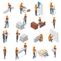 Isometric construction workers, builders and engineer characters. People lay bricks, paint walls and drill well vector Royalty Free Stock Photo