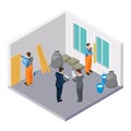 Isometric construction workers, room repair isometric vector illustration