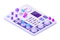 Isometric control panel. 3D analog retro machine for power supply control or radio broadcast adjusting with knobs