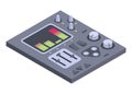 Isometric control panel spaceship with slider, controllers, buttons. 3d dashboard on white background. Aircraft toggle