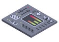 Isometric control panel spaceship with slider, controllers, buttons. 3d dashboard on white background. Aircraft toggle