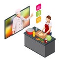 Isometric Cooking Education Online. Professional cooking. Woman chef cooking while streaming online for webinar