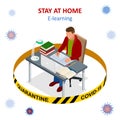 Isometric Corona virus - staying and working at home. Online education. The concept of learning. Getting an education.