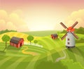 Isometric countryside farm grassy field meadow scenic landscape dawn sunrise sunset daylight. Agriculture farming collection