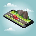 Isometric countryside. Spring road. Mobile geo tracking. Map. Car goes through rocks and trees