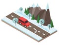 Isometric countryside. Winter road. Car goes through rocks and trees