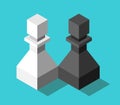 Isometric couple of different chess pawns, black and white. Love, friendship, partnership, difference and relationship concept. Royalty Free Stock Photo